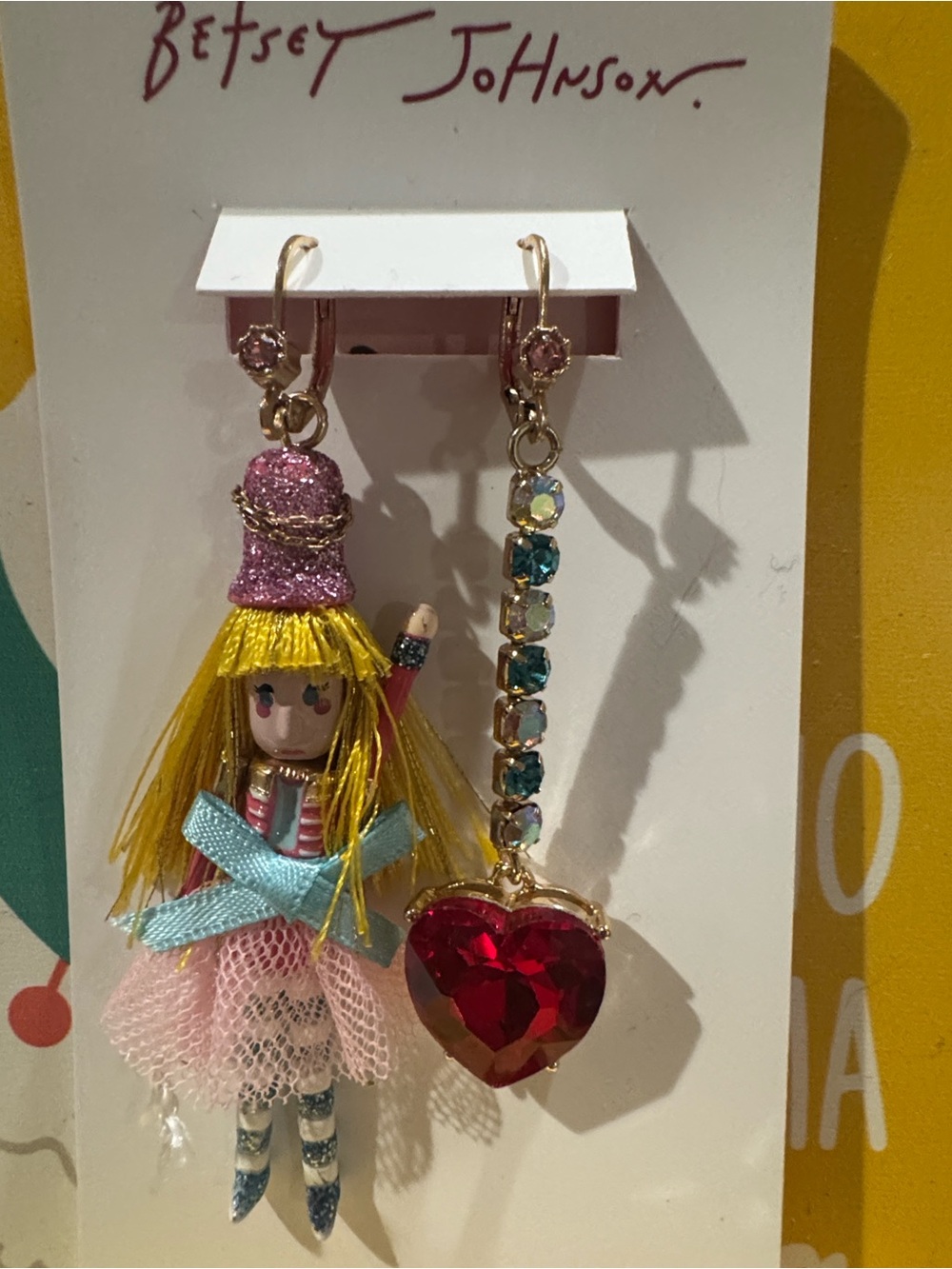 Betsey Johnson Pink Doll & Red Heart Drop Kids Earrings